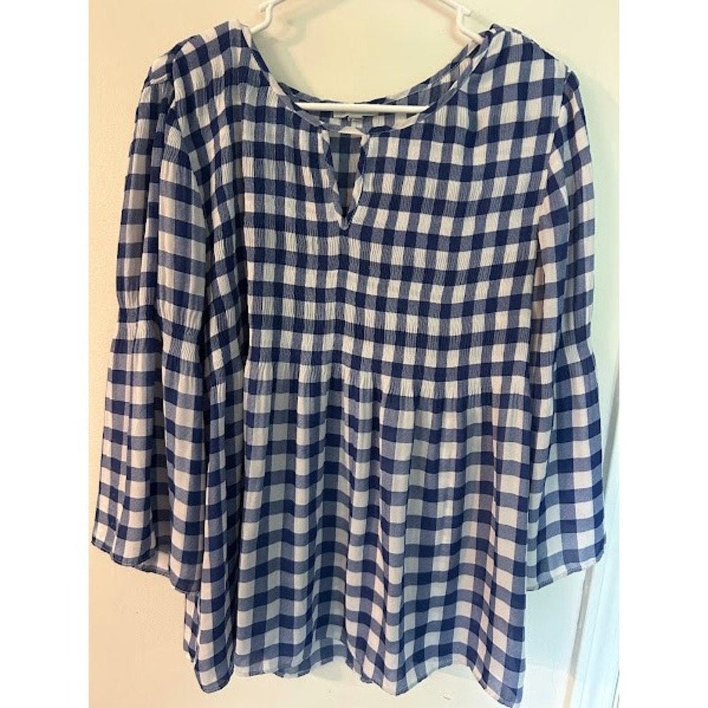 Floral & Ivy Blue Gingham Smocked Bell Sleeve Blouse Med